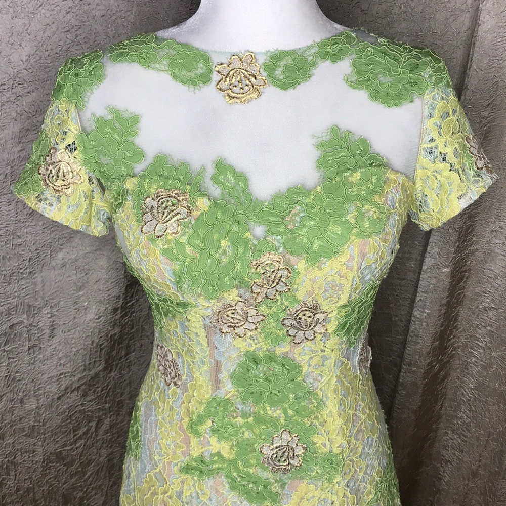 Jovani Lace Green Gold Double Layer Dress - Picture 4 of 12
